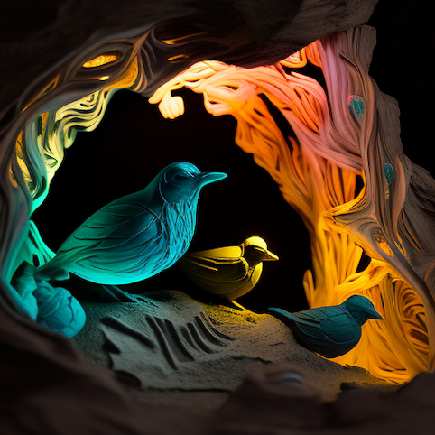 A display of fluorescent bird sculptures at the Neon Nature exhibition