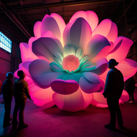 People viewing a giant fluorescent flower at the Neon Nature exhibition